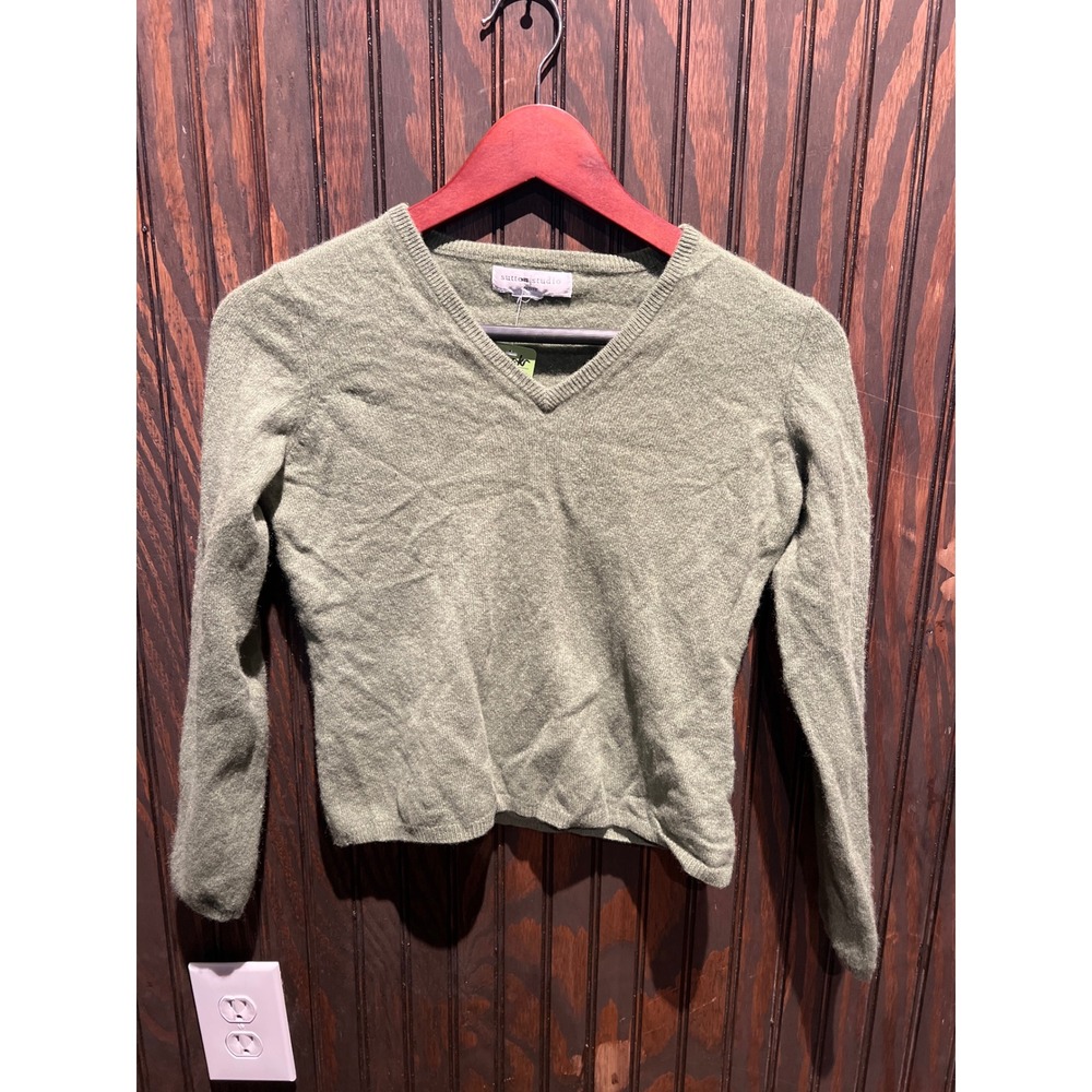 Sutton Studio Cashmere V-Neck Sweater Sage Green Long Sleeve Pullover Womens